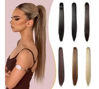 Benehair Claw Clip in Ponytail Hair Extensions, 26 Inches Long Straight Ponytail Extensions Clip in Hair Extension Synthetic Hair Pieces for Women(Medium Brown mix Blonde, 150g)