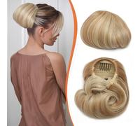 Benehair Drawstring Hair Bun Extensions 6 Inch Straight Short Ponytail Hairpiece Hair Buns Scrunchies Synthetic Soft Hair Piece for Women (Strawberry Blonde mix Blonde, 80g)