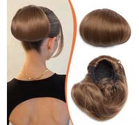 Benehair Drawstring Hair Bun Extensions 6 Inch Straight Short Ponytail Hairpiece Hair Buns Scrunchies Synthetic Soft Light Brown Hair Piece for Women (Light Brown, 80g)