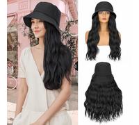 Benehair Fisherman Hat with Hair Extensions 18 Inch Long Wavy Hat Wig Synthetic Hair Extension with Hat Heat Resistant Fiber Adjustable Black Hair Piece for Women(Black, 250g)