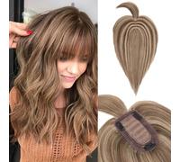 Benehair Human Hair Toppers for Women, Real Human Hair Topper with Fringe, Natural Clip in Hair Topper with Bangs, Hairs Toppers for Thinning, 12 Inches Medium Brown Mixed Dark Blonde #4AP27A