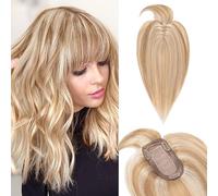 Benehair Human Hair Toppers with Bangs, 14 Inches Real Human Hair Topper with Fringe, 150% Density Hairs Topper for Thinning, 47g Hairs Toppers for Thinning Hair Women, Blonde Mixed Bleach Blonde