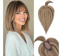 Benehair Human Hair Toppers with Bangs, 14 Inches Real Human Hair Topper with Fringe, 150% Density Hairs Topper for Thinning, 47g Hairs Toppers for Thinning Hair Women, Medium Brown Mixed Dark Blonde