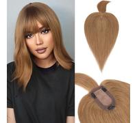 Benehair Human Hair Toppers with Bangs, 14 Inches Real Human Hair Topper with Fringe, 150% Density Hairs Topper for Thinning, 47g Hairs Toppers for Thinning Hair Women, Light Brown #6