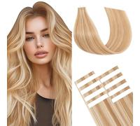 Benehair Invisible Tape in Hair Extensions Human Hair 10 Pieces Remy Straight #12P613 Golden Brown Mix Bleach Blonde Real Hair Extension Tapes 16 Inches (15 g)