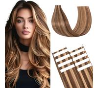 Benehair Invisible Tape in Hair Extensions Human Hair 10 Pieces Remy Straight #4P27 Medium Brown Mix Dark Blonde Real Hair Extension Tapes 12 Inches (10 g)