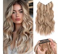 Benehair Invisible Wire Hair Extension 16 Inches Secret Wire Hair Extension with 4 Secure Clips Synthetic Hair Piece Long Wavy Hairpieces for Women, with 1 Comb Light Brown Highlighted Blonde #18TP88B
