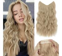 Benehair Invisible Wire Hair Extension 24Inches Natural Blonde Mix Bleach Blonde Secret Wire Hair Extension with 4 Secure Clips Synthetic Hair Piece Long Wavy Secret Headband Hairpieces for Women