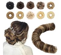 Benehair Long Voluminous Curly Ponytail Messy Bun Real Hair Bun Donut Accessories Scrunchies Fluffy Hair Chignon Wrap Around #4P27 Medium Brown Mix Dark Blonde 32g