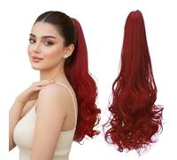 Benehair Ponytail Extension 18 Inch Curly Wavy Natural Claw Clip Ponytail Hair Extensions Synthetic Dark Red Hair Pieces for Women Clip in(Dark Red, 150g)