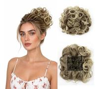 Benehair Short Combs Messy Bun Hair Piece Curly Wavy Clip in Ponytail Extension Natural Scrunchie Chignon Synthetic Hair Piece for Women Girls Chestnut Brown Mix Medium Bleach Blonde