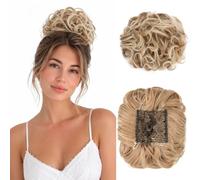 Benehair Short Combs Messy Bun Hair Piece Curly Wavy Clip in Ponytail Extension Natural Scrunchie Chignon Synthetic Hair Piece for Women Girls Sandy Brown to Bleach Blonde