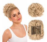Benehair Short Combs Messy Bun Hair Piece Curly Wavy Clip in Ponytail Extension Natural Scrunchie Chignon Synthetic Hair Piece for Women Girls Dark Blonde to Bleach Blonde