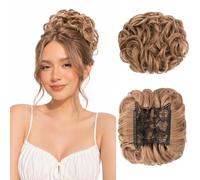 Benehair Short Combs Messy Bun Hair Piece Curly Wavy Clip in Ponytail Extension Natural Scrunchie Chignon Synthetic Hair Piece for Women Girls Light Brown mix Ash Blonde