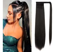 Benehair Straight Ponytail Extension 26 Inches Long Wrap Around Drawstring Ponytail Synthetic Hair Extension Ponytail Hairpieces Dark Black Hair Pieces for Women(Dark Black, 120g)