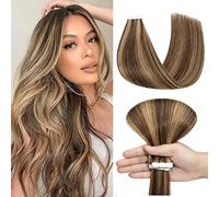 Benehair Tape in Real Hair Extensions 14 Inches Invisible Tapes Remy Human Hair Extensions 10pcs 20g Medium Brown Mixed Dark Blonde #4P27