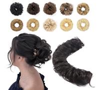 Benehair Tousled Updo Messy Bun Hair Piece Hair Extension Ponytail with Elastic Band Real Human Curly Wavy Pieces for Women #1B Natural Black 32g