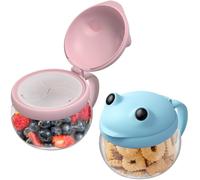 BeneLabel Snack Box, 2pcs Snack Pot 12.3oz/365ml Kids Portable Food Container Storage Jar Nuts Candy Formula Dispenser with Lid for Travel Cute Frog, BPA Free & Spill-proof, Pink & Blue