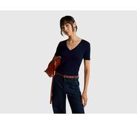 Benetton, Pure Cotton T-shirt With V-neck, Size: XXS, Dark Blue, Women