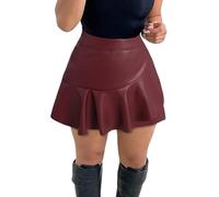 Benfoly PU Leather Shorts for Women High Waisted Split Hem Mini Skort Bodycon Skirts, Ruffle Wine, M