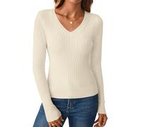 Benfoly Women's Long Sleeve V Neck Cable Knit Sweater Jumper 2025 Fall Pullover Top Cute Soft Ladies Dressy Casual Outfits, Beige, L