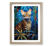 Bengal Cat Art Deco Framed Wall Art Print, Ready to Hang Picture for Living Room Bedroom Home Office, Oak A2 (48 x 66 cm)