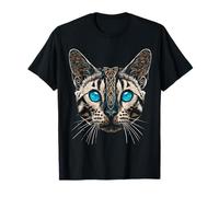 Bengal Cat Face Blue Eyes Mandala Motif Illustration T-Shirt