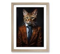 Bengal Cat in a Suit Painting No.2 Framed Wall Art Print, Ready to Hang Picture for Living Room Bedroom Home Office, Oak A2 (48 x 66 cm)