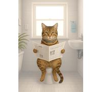 Bengal Cat Reading Newspaper on the Toilet, Modern Bathroom Pet Decor Wall Art. Size A4