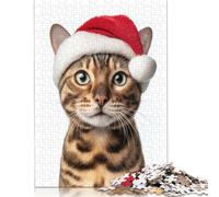 Bengal Cat Wearing A Santa Hat Puzzles 1000 Piece Wooden Puzzle for Adults And Teenager Educational Game for Adult Teenagers 300pcs (40x28cm)