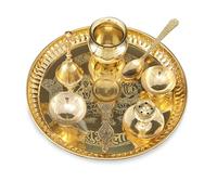 BENGALEN Brass Pooja thali Set 8 Inch with Pital Plate Kalash Spoon Diya Bowl Dhup Dan Ghanti Kappur Arti Daily Puja Thali for Diwali Home Mandir Office Wedding Return Gift Items