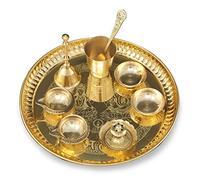 BENGALEN Brass Pooja thali Set 8 Inch with Pital Plate, Kuber Diya, Ghanti, Glass, Spoon, Bowl, Design Dhup Dan Daily Puja Thali for Diwali Home Mandir Office Wedding Return Gift Items