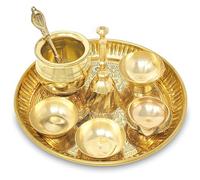 BENGALEN Brass Pooja Thali Set Small 6 Inch Puja Thali with Pital Plate Chandan Wati Kalash Kuber Diya Ghanti Palli Arti Thali for Diwali Home Office Mandir Wedding Return Gift Items