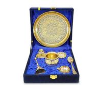 BENGALEN Brass Pooja Thali Set with Grey Gift Box 6 Inch Pital Plate Kalash Spoon Chandan Wati Dhup Dan Kuber Diya Ghanti Puja Arti Thali for Diwali Home Office Mandir Wedding Return Gifts