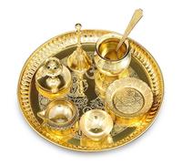 BENGALEN Brass Puja thali Set 8 Inch with Pital Plate Dhup Dan Kalash Spoon Ghanti Bowl Kuber Diya Kangura Plate Pooja Thali for Diwali Home Mandir Office Wedding Return Gift Items