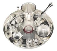 BENGALEN Pooja thali Set Silver Plated with 8 Inch Plate Glass Bowl Agarbatti Stand Palli Diya Kumkum Stand Coin Ghanti Puja Thali for Diwali Home Mandir Office Wedding Return Gift Items