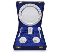 BENGALEN Silver Plated Dinner Set with Blue Velvet Gift Box for Baby Rice Ceremony Annaprashan Sanskar Gifts for Boys Girls Birthday Return Festive Home Decorative Items