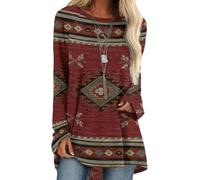 Bengbobar Western Sweatshirts for Women Native American Aztec Print Pullover Long Sleeve Crewneck Crewneck Sweatshirt, Long Red Aztec, Medium
