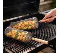 Benhurb 2pcs Rolling Grill Basket, Removable Wooden Handle, Barbecue Tool Nesting Grilling Net, 304 Stainless Steel BBQ Accessories for Vegetables Shrimp, Outdoor Cooking Camping, Gifts for Men Dad