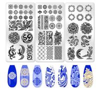 benikmake 3pcs Chinese Pattern Nail Stamp Template Dragon Phoenix Nail Stamping Plate Image Plate Stainless Steel DIY Reusable Tools with Stamper Scraper for Manicure Salon