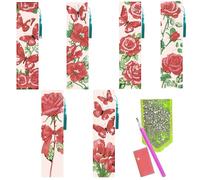 benikmake 6pcs Red Rose Diamond Bookmark DIY Diamond Art Bookmarks Kit with Crystal Pendant Tassel for Reading Lovers Beginner Craftsman Colorful 1.96x7.87in