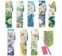 benikmake 8pcs Daisy Diamond Bookmark White Flower DIY Diamond Art Bookmarks Kit with Crystal Pendant Tassel for Beginner Craftsman Rectangular 1.96x7.87in