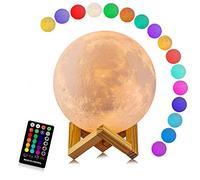 Beniky Moon Lamp, Dimmable LED Moon Light 3D Printing 16 Colors Remote & Touch Control 12cm Night Mood Light with Wooden Holder for Children's Room Bedroom Cafe Bar Dining Room