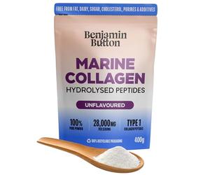Benjamin Button Pure Marine Collagen Powder - Hydrolysed Peptides (Type I) from Wild-Caught Fish - Unflavoured, 400g - Hair, Skin, Nail, Joint & Bone Support - Halal, Keto & Paleo Friendly