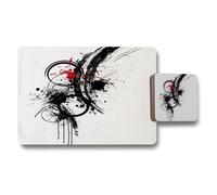 Benjamin Tate Design Abstract Black Red Placemat And Coaster Set With Wood Bottom Designer Artwork Signature Edition Set Of Twelve