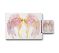 Benjamin Tate Design Angel Wings Collection Placemat And Coaster Set In Pink Ribbon Artwork Limited Edition