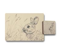 Benjamin Tate Design Beige Bunny Sketch Placemat And Coaster Set With Rabbit Illustration