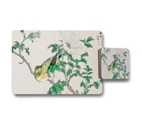 Benjamin Tate Design Bird And Floral Placemat And Coaster Set With Green Leaves Design