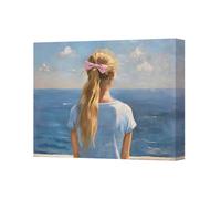Benjamin Tate Design Blue Ocean View Canvas Art Print With Girl And Pink Bow