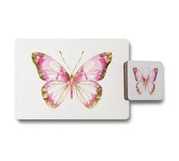 Benjamin Tate Design Butterfly Placemat And Coaster Set With Wooden Base In Gold Accent Artwork Limited Edition